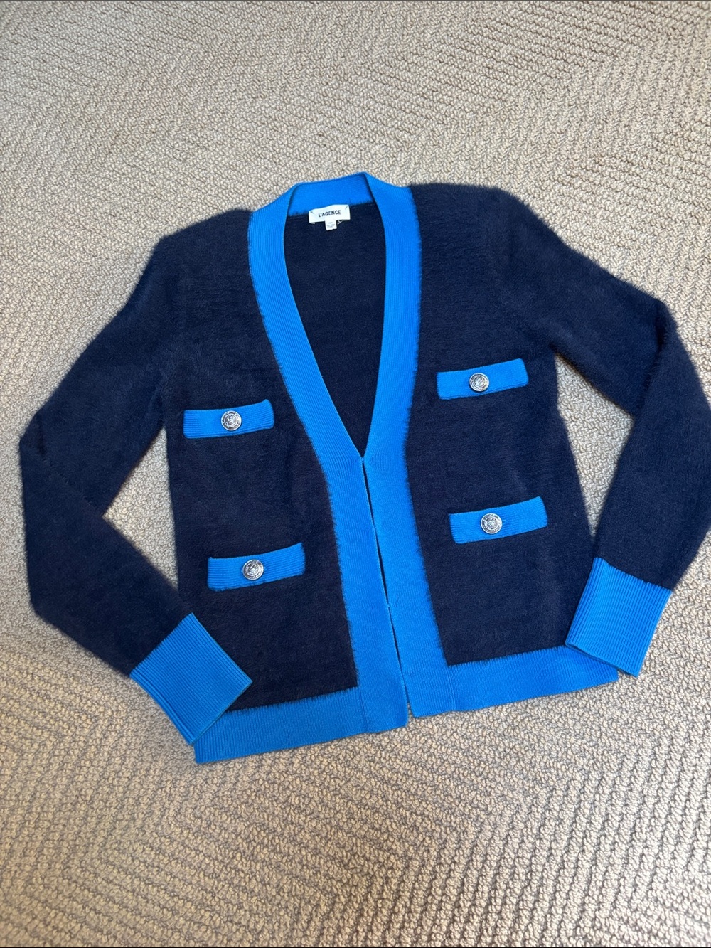 L'AGENCE Navy Cardigan with Bright Blue Trim